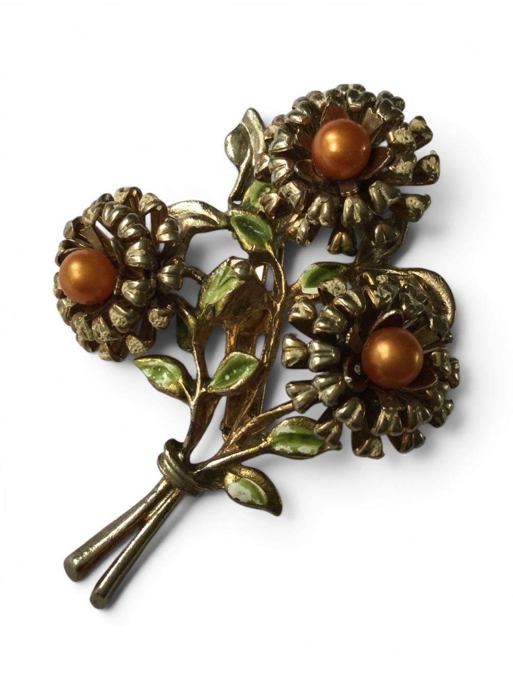 Vintage 1950s Satin Gold-Tone Floral Bouquet Brooch - Picture 4 of 10